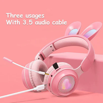 New Rabbit Ear Headphones Wireless Luminous Extendable Wheat Headphones